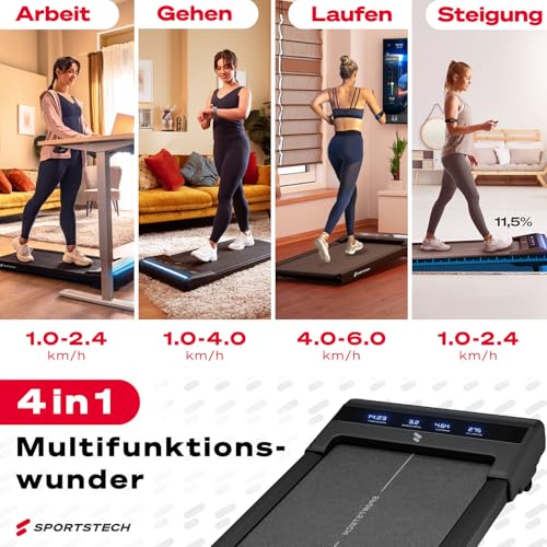 Sportstech Laufband Walking Pad für Zuhause, mit manueller Steigung, Walking Pad bis 6 km/h, Treadmill bis 12km/h, App, Fernbedienung swalk lite