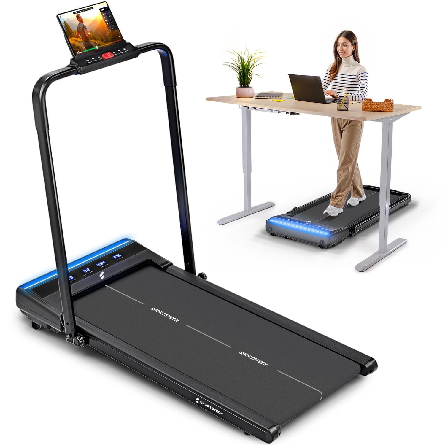Sportstech Laufband Walking Pad für Zuhause, mit manueller Steigung, Walking Pad bis 6 km/h, Treadmill bis 12km/h, App, Fernbedienung, kompakt, Home Office (sWalk lite Plus)