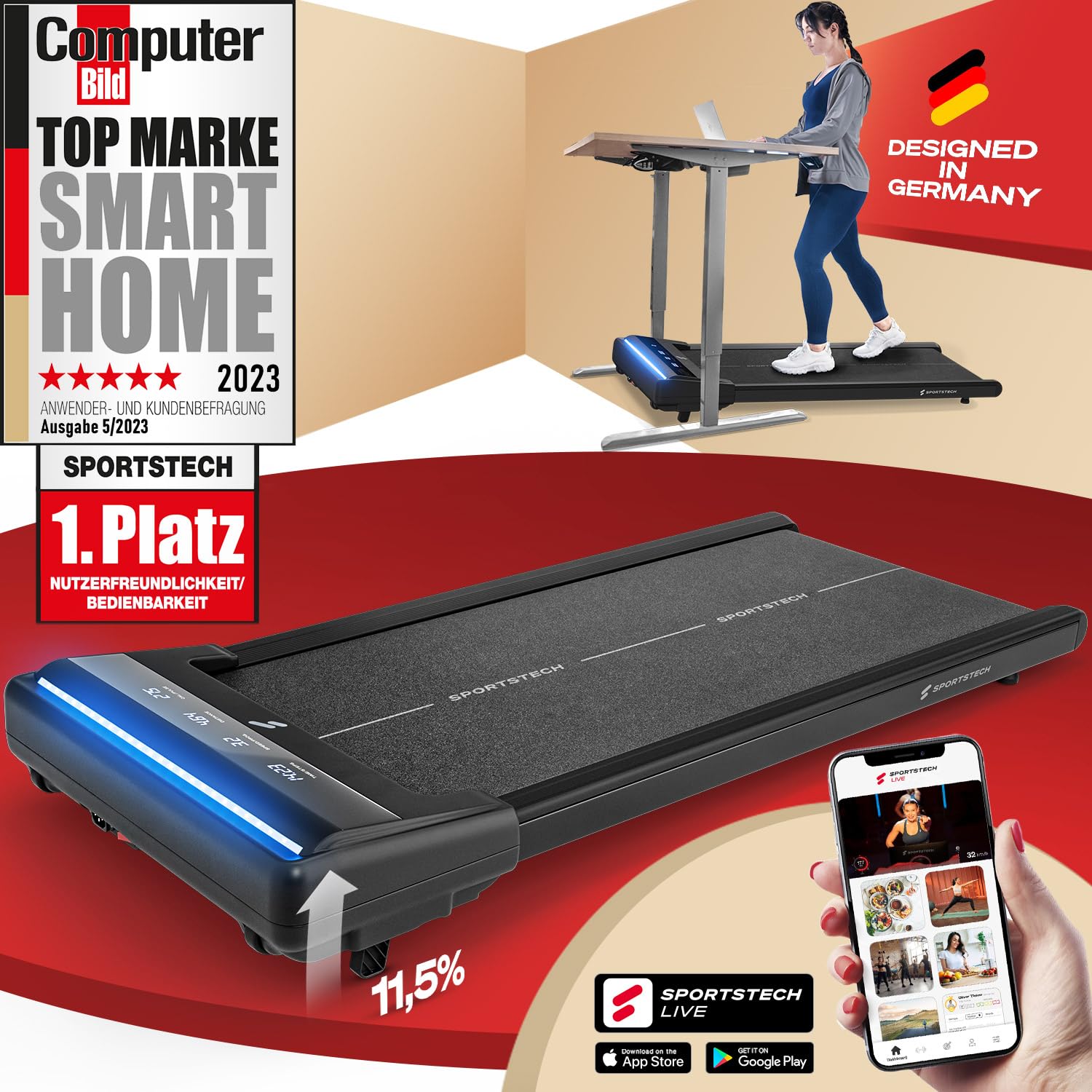 Sportstech Laufband Walking Pad für Zuhause, mit manueller Steigung, Walking Pad bis 6 km/h, Treadmill bis 12km/h, App, Fernbedienung swalk lite
